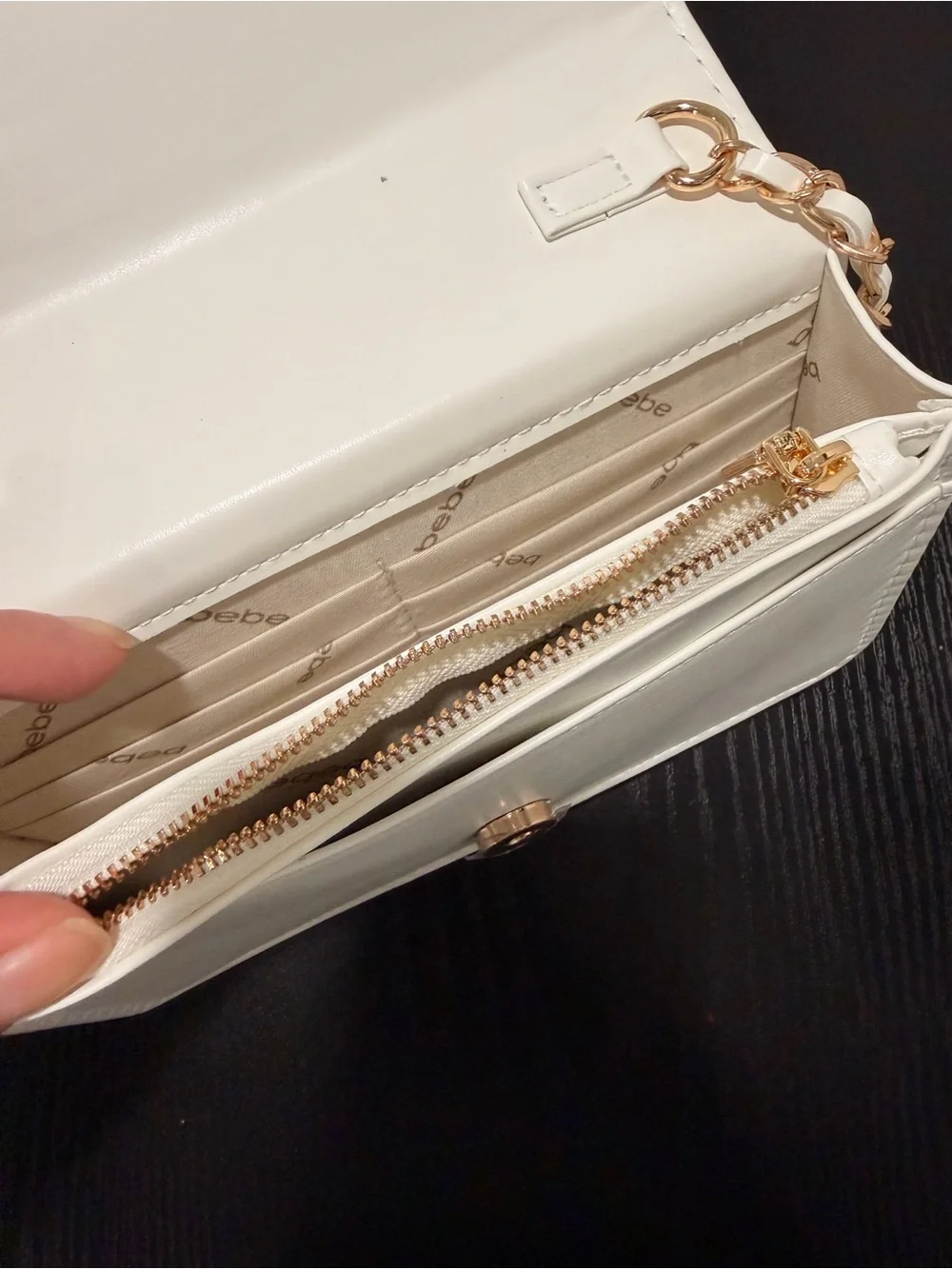 bebe White Crossbody Bag with Gold Chain